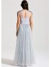 Gray Tulle Chiffon Beads Cap Sleeves Long Prom Dress